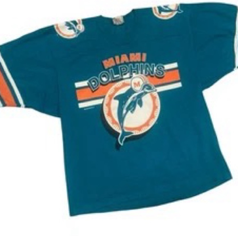 VTG 80s MIAMI DOLPHINS T SHIRT XL NFL AQUA BLUE GARAN USA 90s FOOTBALL STRIPES